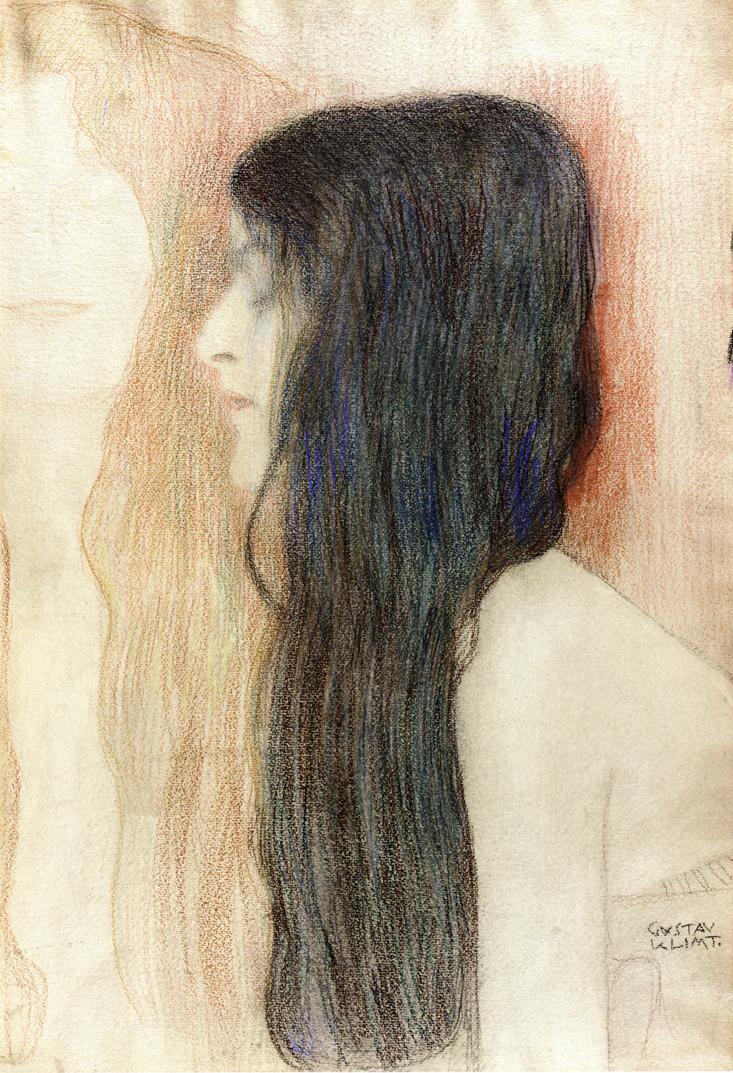 Gustav Klimt - Girl with Long Hair, with a sketch for 'Nude Veritas' 1899